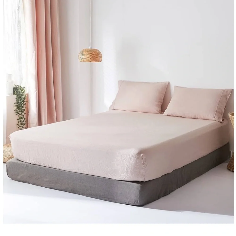 Pottery Barn Belgian Flax Linen Fitted Sheet Queen Pink Boho Farmhouse Chic